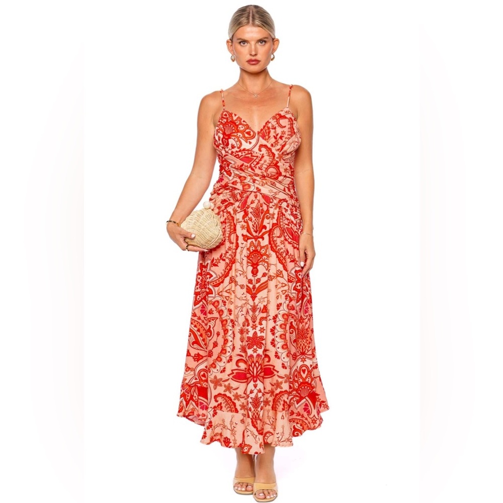Farm Rio NWT Linen Red Jaipur Crossover Maxi Dress Sz Small Floral Tropical